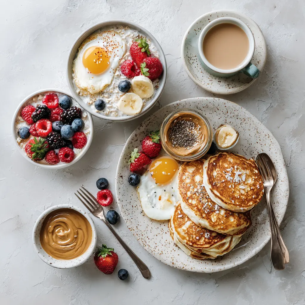 A healthy high protein breakfast spread with protein pancakes, Greek yogurt, overnight oats, eggs, berries, and chia seeds.