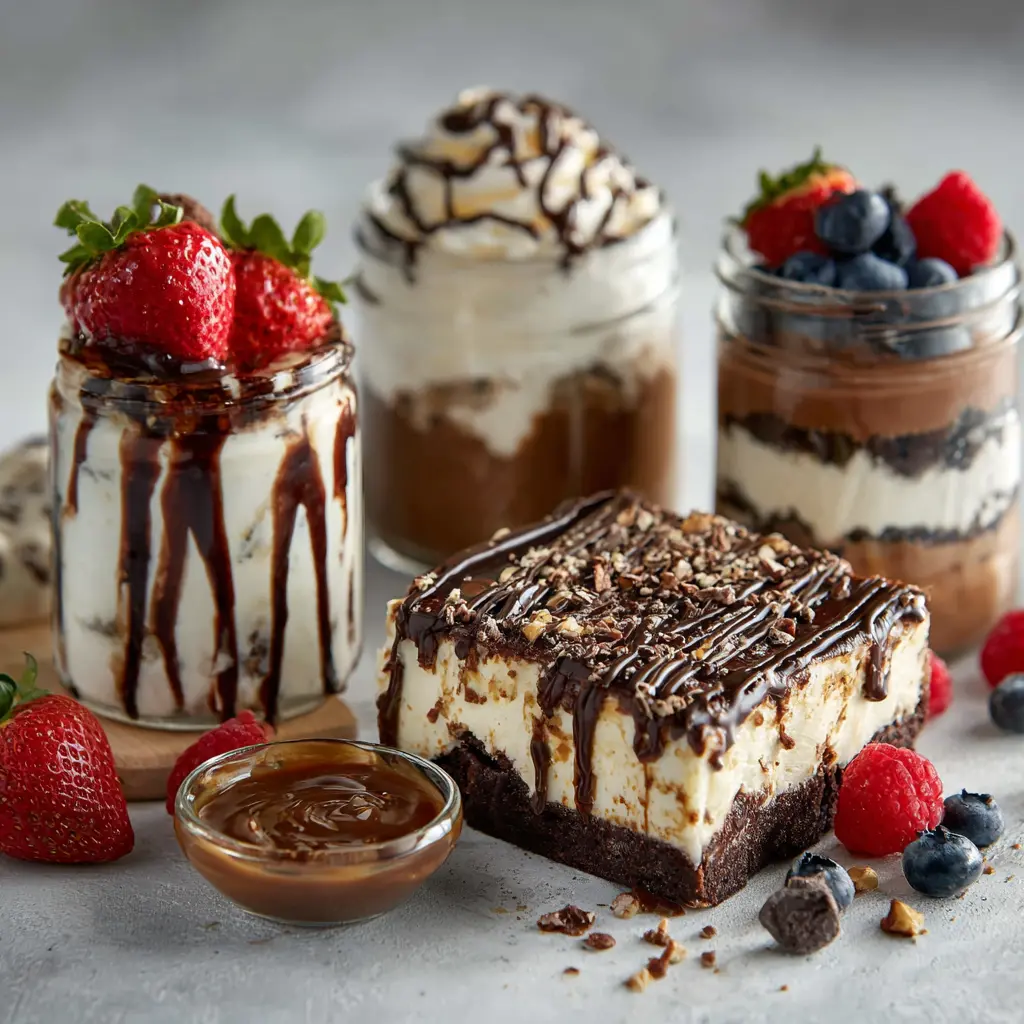 A styled high protein dessert spread with protein brownies, chocolate protein bites, yogurt dessert jars, berries, and chocolate drizzle.