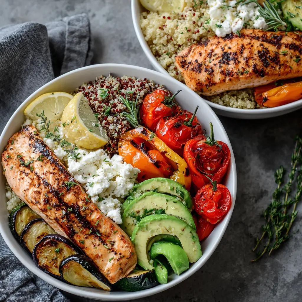 A fresh high protein meals spread with grilled chicken, salmon, quinoa, roasted vegetables, avocado, and healthy bowls.