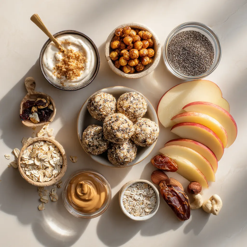 A bright overhead spread of high protein snacks including no-bake protein balls, Greek yogurt, nuts, roasted chickpeas, apple slices, and peanut butter.